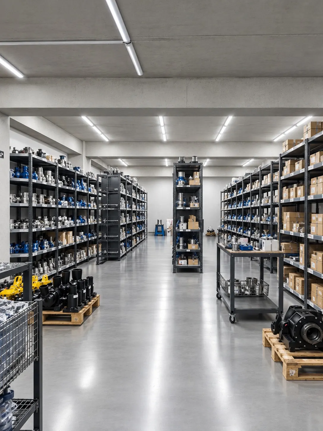 Stalroc Industrial warehouse with shelves of rock drill and hydraulic breaker spare parts ready for dispatch